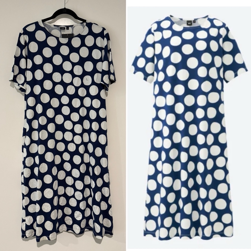 🆕 MARIMEKKO ✨Uniqlo Polka dot dress Pockets retired rare navy blue | Sz L
